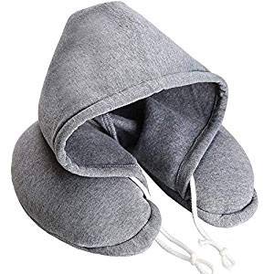 Globetrotter’s Snug Hooded Travel Pillow: Cozy U-shaped cushion for airplane neck support, complete with hoodie.