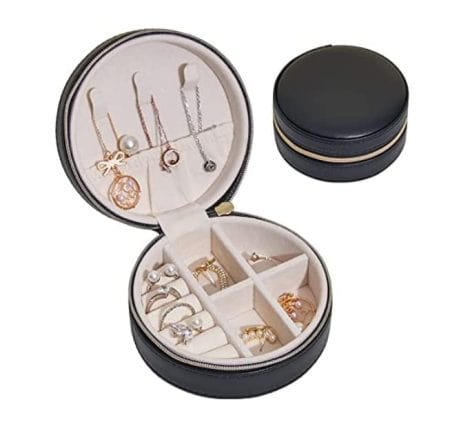 Compact Leather Jewelry Box for Women and Children, Travel-friendly, Perfect Gift for Her, Sleek Black Color.