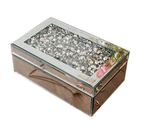 HomeZone® Silver Crushed Diamante Mirrored Glass Crystal Jewellery Box – Black Velvet Women’s Trinket Organiser