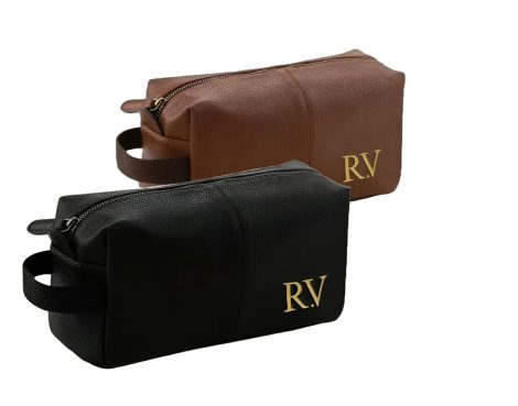 Customized Men’s Leather Toiletry Bag, available in Black or Brown, with Initials Embroidery and a Strap.