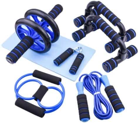 A versatile workout set for dad, including an ab roller, push-up bars, resistance band, skipping rope, hand grip, and knee pad. Perfect for home fitness!