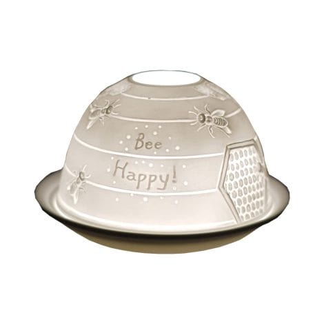 Bee Happy Porcelain Tealight Holder, a beautiful 3D message projecting candle holder. Perfect bee-themed gift for women!