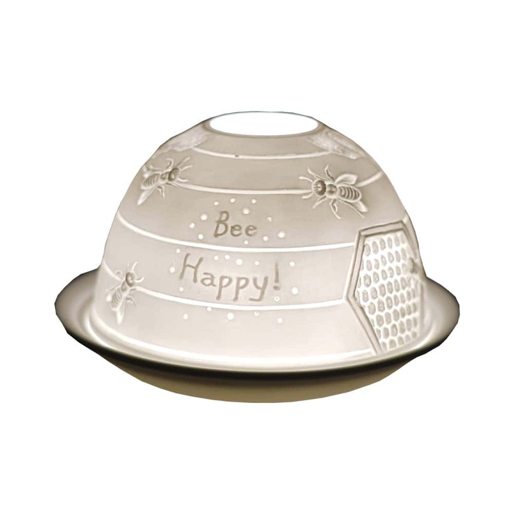 Cello Porcelain Tealight Holder Dome, Bee Happy Design, A Stunning Candle Holder Projecting a 3D Loving Message. Bee Ornament - Use With Scented and Unscented Tealights - Bee Gifts For Women.