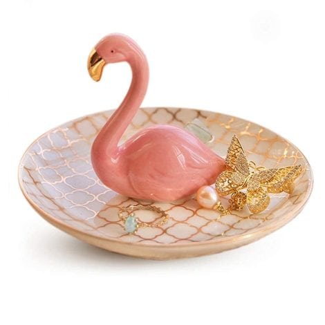 Flamingo-themed jewellery holder and trinket dish, perfect as a gift for women on special occasions.