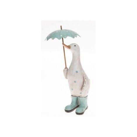 Aqua Shabby Chic Duck Figurine with Polka Dot Print, Umbrella, and Wellington Boots by David’s.