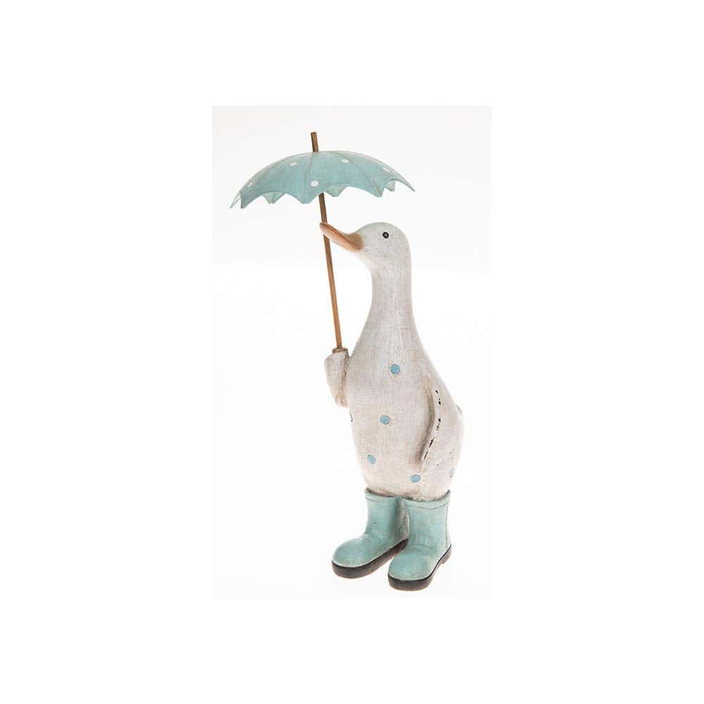 David's Polka Dot Print Cute Shabby Chic Duck Ornament Figurine With Umbrella and Wellington Boots (Aqua)