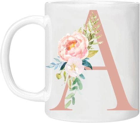 Personalized Floral Mug with Alphabet Letter A, a beautiful and practical 11oz ceramic cup with printed glitter (Rose – A).