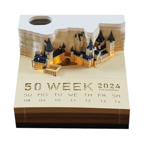 2024 Desk Calendar with LED Lights, Post-It Notes, and Paper Carving Art for School or Home.