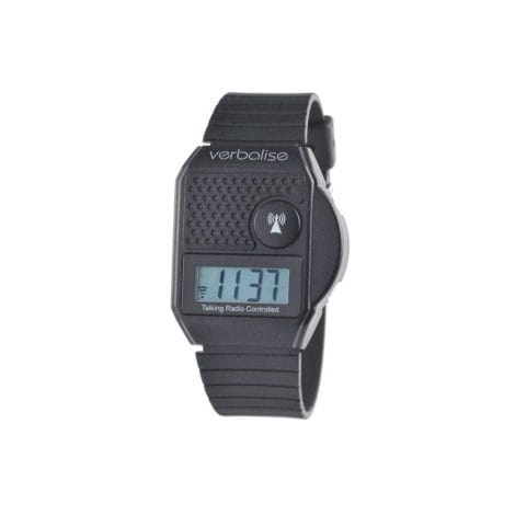 Black Radio Controlled Digital Talking Watch with Verbal Time Announcement, featuring a Top Button.