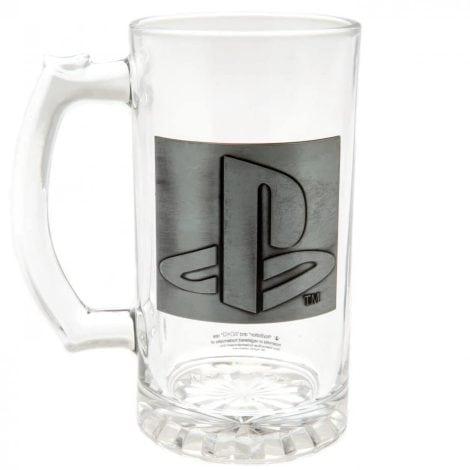 “PS5 Beer Glass, featuring a sleek metal badge displaying the iconic PlayStation logo.”