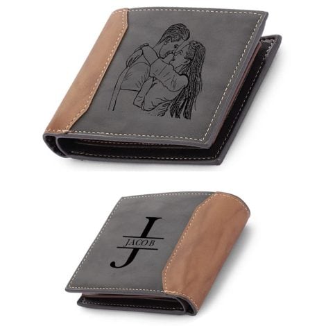 Customizable Grey Leather Wallet for Men with Engraved Photo Name – Perfect gift for husband, grandad, brother. Celebrate birthdays, Valentine’s, Christmas.