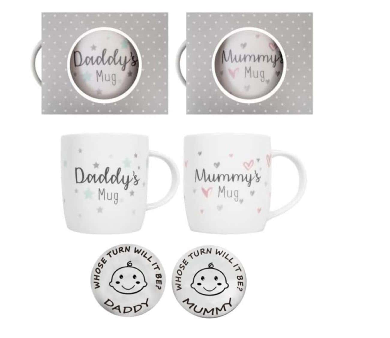 New Parents Set of 2 Mummy and Daddy Mugs - Gifts for Mum Daddy Gifts - Gifts for New Mums - New Dad Mug - Mummy Mug Mummy Gifts - Christmas - Includes Decision coin for Parents (Mummy & Daddy)