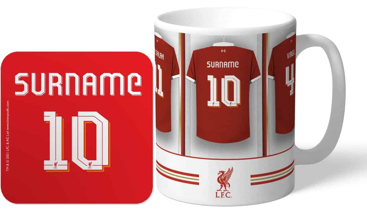 Personalised Dressing Room Shirts Photo 11oz Mug & Coaster Set for Liverpool FC Supporters, Officially Licensed, with Club Colours, Ideal for Reds Fans