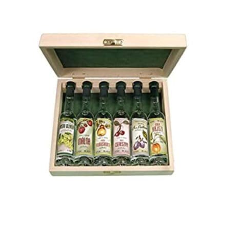 Szicsek Palinka | Assorted Mini Palinka Collection | Handcrafted Fruit Brandy in Wooden Gift Box | Pure, Gluten Free, GMO Free | 6 x 40 ml.