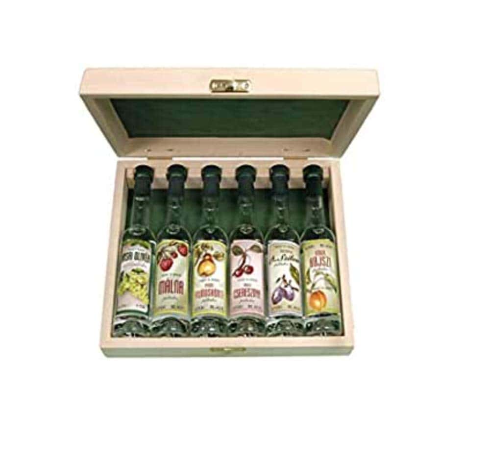 Szicsek Palinka | 6 Mini Palinka Selection | Artisan Fruit Brandy in Wooden Gift Box | 100% Natural, Gluten Free, GMO Free | 6 x 40 ml