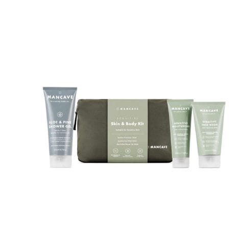 “ManCave Gentle Skin and Body Starter Kit for men includes cleanser, moisturizer, shower gel, UK-made vegan products.”