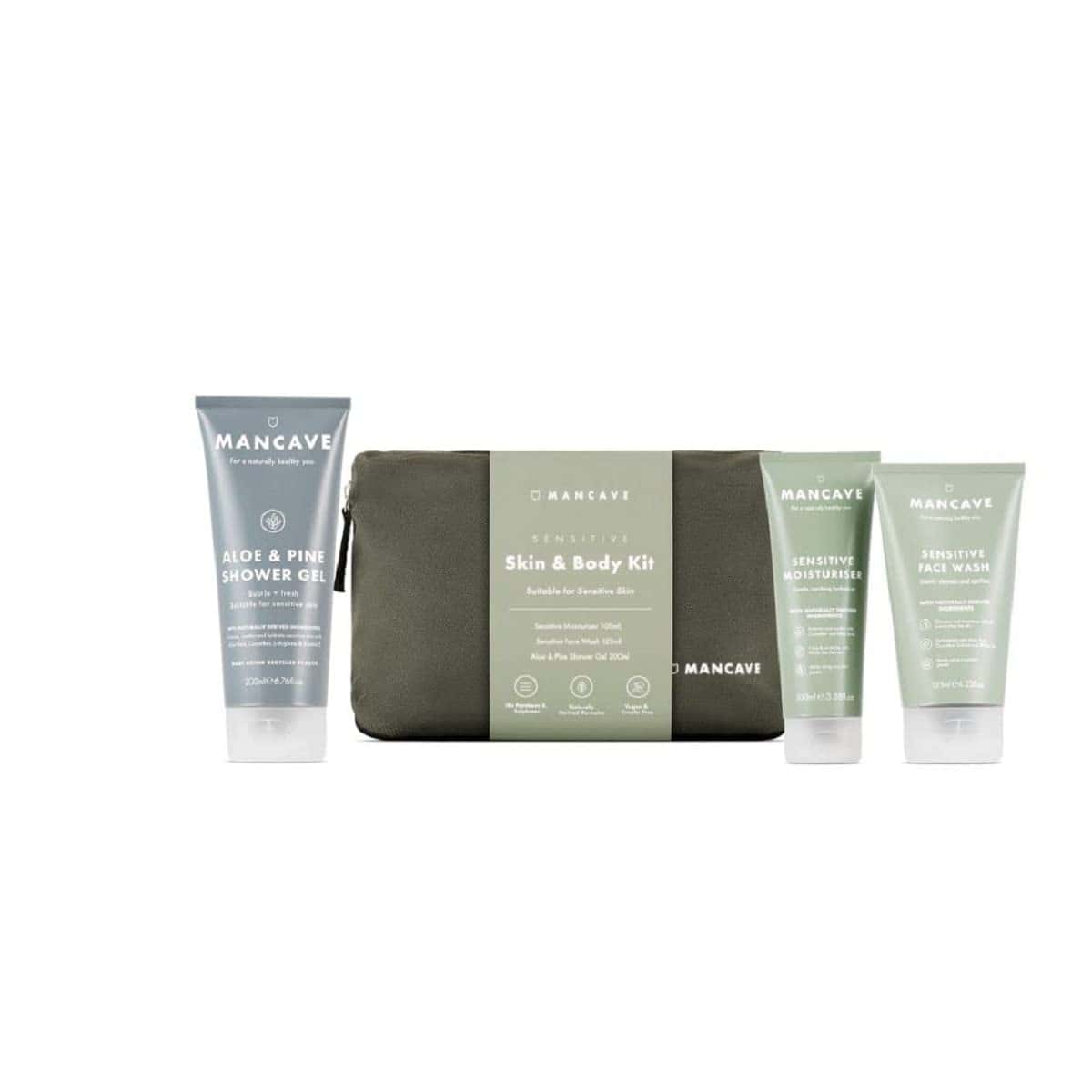 ManCave Sensitive Skin and Body Routine Essentials Wash Bag Gift Set for him with Face Wash, Moisturiser, Shower Gel, Dermatologically Tested, Natural Formulations, Vegan, Made in England