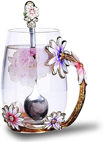 Luka Tech’s Artisanal Enamel Butterfly and Flower Glass Cups with Spoon – Ideal Presents for Mum, Friends, and Teachers