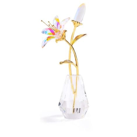 Clear Crystal Lily Figurine and Metal Stem Vase: Perfect gift for women, mum or home decoration. Ideal for weddings and parties.