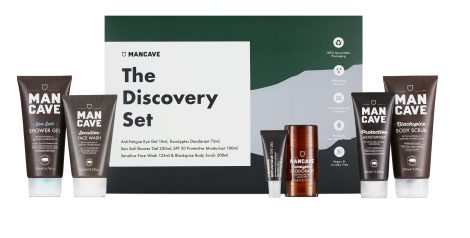 ManCave Discovery Gift Set: 6 Gentlemen’s Grooming Must-Haves, featuring Shower Gel, Body Scrub, Deodorant, Eye Gel, Moisturiser, and Face Wash. Sulphate-free, Vegan, made in England.