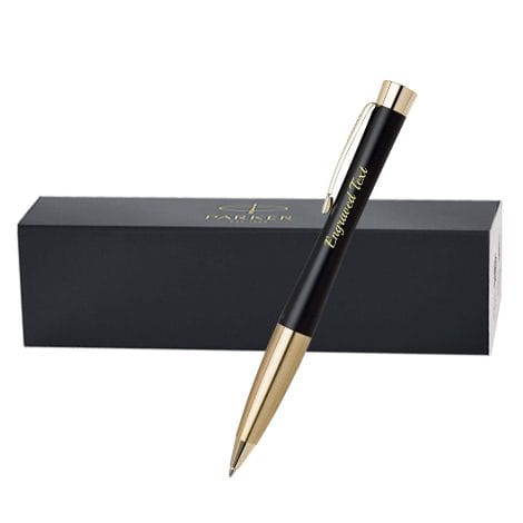 Customizable engraved Parker Urban ballpoint pen in muted black with gold trim. Perfect Christmas gift for men and women.