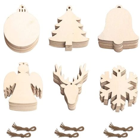 Set of 60 wooden Christmas decorations with holes and string for crafting DIY ornaments. Includes snowflakes, bells, reindeer, and Christmas trees. Perfect for Christmas party gifts.