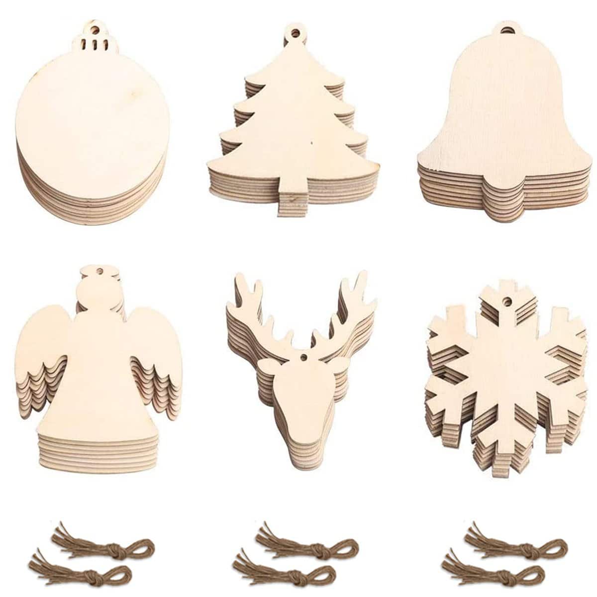 60 Pcs Wooden Christmas Decoration, Wood Slices for Crafts with Holes and String, Diy Wooden Christmas Ornaments, Snowflake, Bell, Reindeer, Christmas Tree Decor for Christmas Party Gifts,6 Style