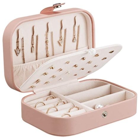 JamHooDirect Jewellery Box Organizer – Compact Pink Faux Leather Travel Case for Bracelets, Earrings, Rings & Necklaces, Ideal Gift for Girls & Women.