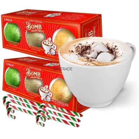 Hot chocolate bombs and peppermint candy canes in a gift set, perfect for Christmas treats.