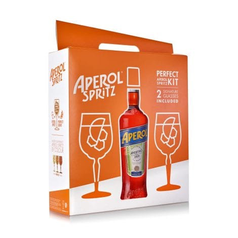 Aperol Spritz Gift Set with Aperol, 2 Spritz Glasses, and a 70 cl bottle. Perfect for gifting!