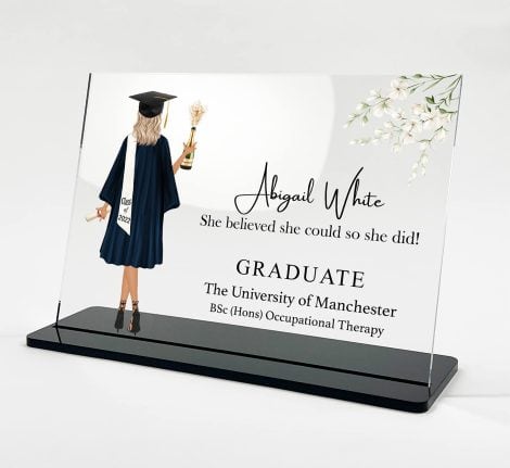 Custom Bee – Graduation Gift, Personalised Graduate Present, Acrylic Plaque with Illustrated Portrait – Perfect for Loved Ones.