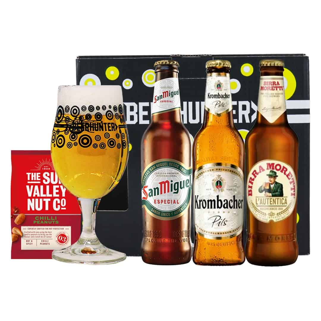 Premium European Lager Gift Pack with Official Beerhunter Glass (San Miguel, Krombacher, Birra Moretti) - Premium Selection, Gifts For Him, For Her, Christmas, Birthday's, Father's Day