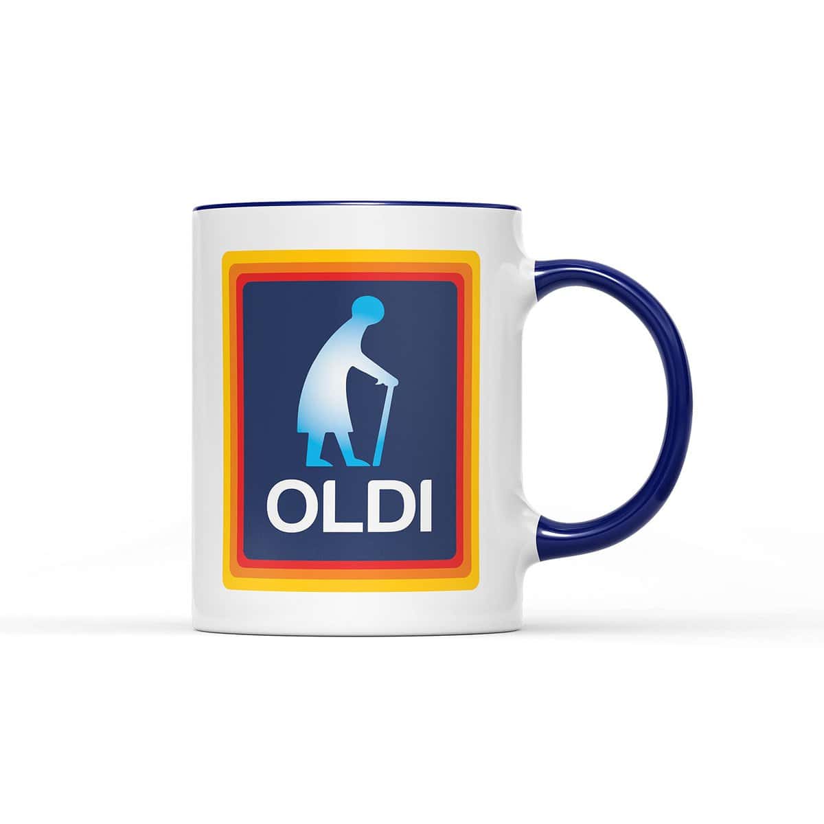 Oldi Woman Mug- Birthdays Christmas Funny Gift Presents Mother's Day Celebration Novelty Coffee Tea Heavy Duty Handle Dino Coated Dishwasher/Microwave Safe Sublimation Ceramic (Colbalt Handle Prime)