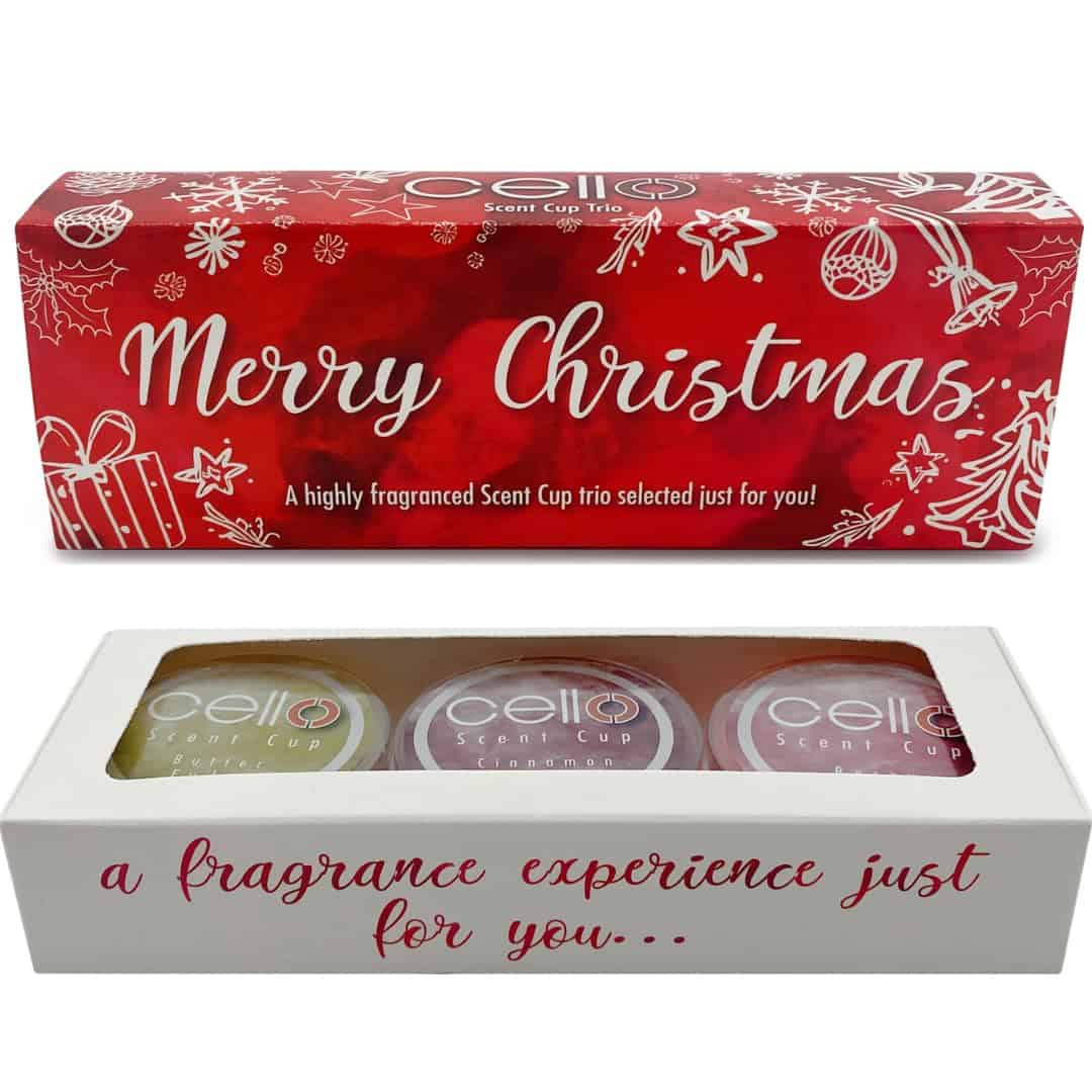 Cello Scent Cup Trio - Merry Christmas Gift Set - 3X Tealight Scented Candles. High Fragrance Tea Lights Candles. Candle Gifts for Women, Christmas Candles and Stocking Fillers for Women.