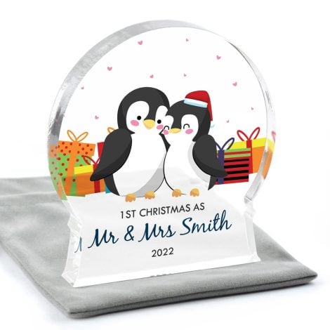 Customized Snow Globe Ornament for a couple’s first Christmas together, complete with adorable penguin design.