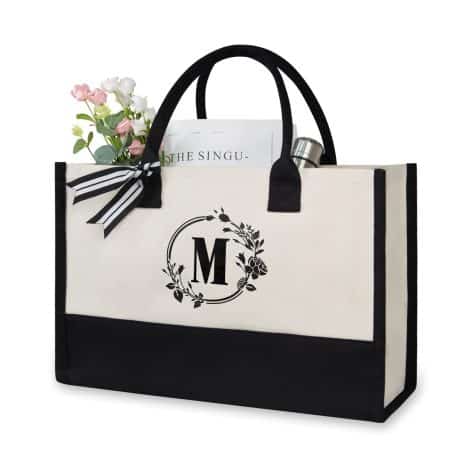 “Letter M” Personalized Canvas Tote Bag, Perfect for weddings, birthdays, the beach & holidays. Ideal gift for women, mom, teachers, friends, and bridesmaids.