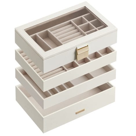 White Jewelry Box with Clear Glass Lid for Dressing Table, Stackable Trays, Ideal Gift, 17x28x18.3 cm.