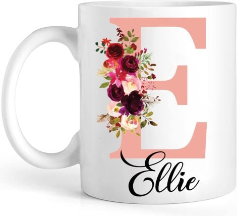 EKAM Custom Floral Mug – Personalised Initial & Name, Perfect Gift for Valentine’s, Birthday, Christmas. 11oz Ceramic Cup.