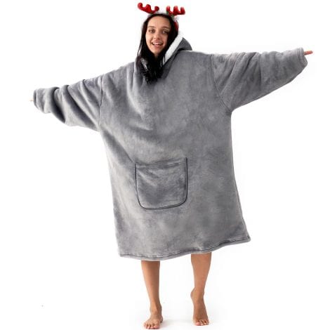 Hansleep 110cm Long Oversized Blanket Hoodie – Perfect winter gift! Stay warm and cozy with this Grey Sherpa Fleece Snuggle Blanket.