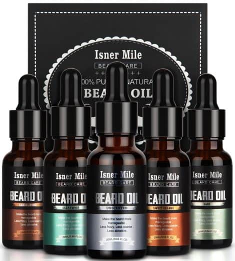 ISNER MILE 5-Pack Beard Oil Set with Natural Oils – Cedarwood, Sandalwood, Sage, Sweet Orange. Perfect for grooming, gifting.