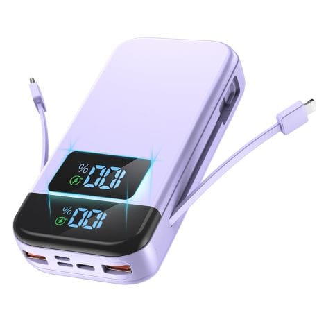 Portable Charger Power Bank, the latest 32000mAh external battery pack with 22.5W QC 3.0 PD phone charger. 5 charging ports and smart LED display, includes 2 extra fast charging cables.