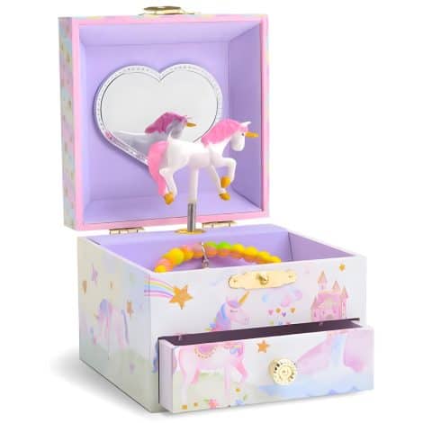 Magical Unicorn Jewellery Box for Girls featuring a Spinning Unicorn, Glittery Rainbow, and Starry Design.