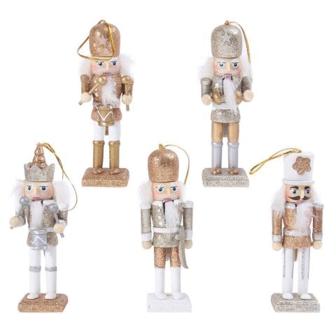 Wooden Christmas Nutcracker Figures Ornaments for a festive touch to your holiday tree decoration. (White Gold)