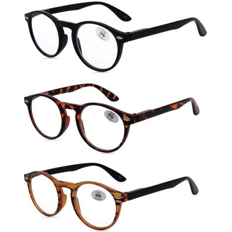 A set of 3 Amillet Reading Glasses for both men and women, featuring a retro design and spring hinges. Comes in 3 colors with gift packaging. Ideal for reading with a magnification of +1.50.