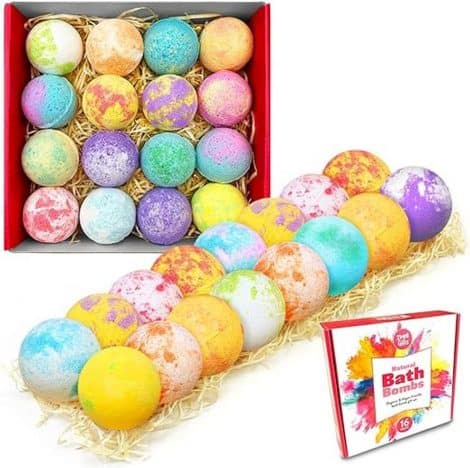 Luxurious set of 16 handmade bath bombs from Zimpli Gifts, perfect for relaxation and moisturizing dry skin. Suitable for vegans, and cruelty-free. Ideal birthday or Christmas gift!