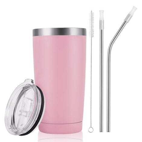 20 oz Joyful Travel Cup with Straw and Lids, Reusable Stainless Steel Tumbler, Personalized Hot & Cold Mug (Pink).