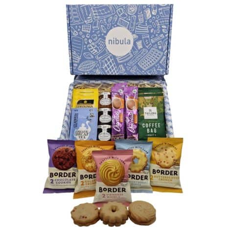 Deluxe Tea and Biscuits Hamper | Nibula Delights | Features Borders Biscuits, Twinings Tea, Jams, Marmalade, Hot Chocolate and Coffee Sachets | Perfect for All!