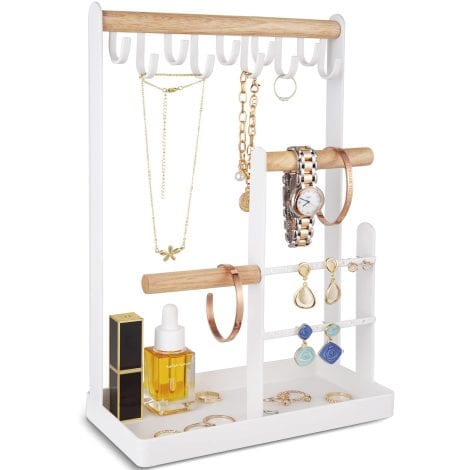 White Jewelry Tower Display Rack with 4 Tiers, 10 Hooks; perfect Christmas gift for ladies and girls.