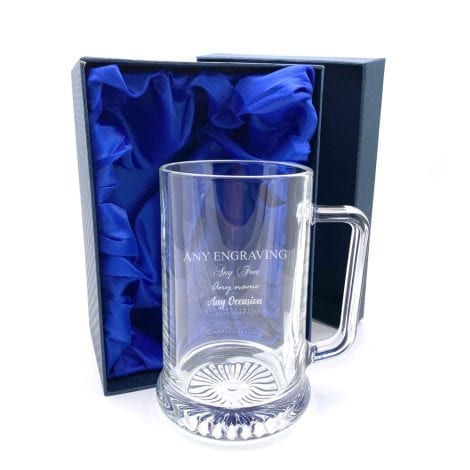 Highly customisable glass mug, engraved with a personal touch, presented in a luxurious gift box.