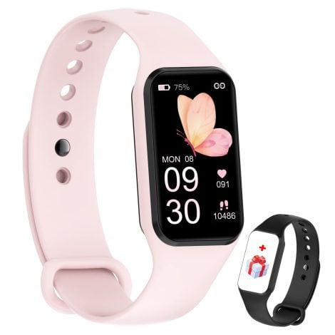 IOWODO Smart Watch for Ladies: Tracks heart rate, sleep, and activity with customizable dials. Waterproof and stylish in pink.